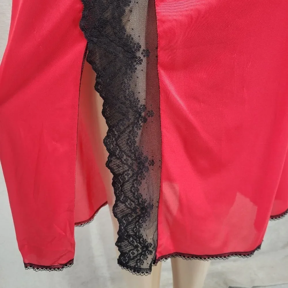 Juliana Vintage Red Nylon and Black Lace Matching Skirt / Cami Set Valentine's